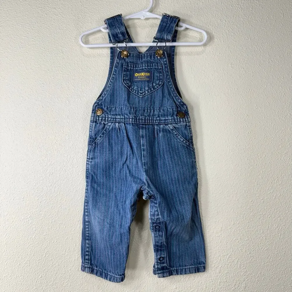 Vintage 80s OshKosh B'Gosh Pink Striped Toddler Baby Vestbak Denim Overall 18 Mo
